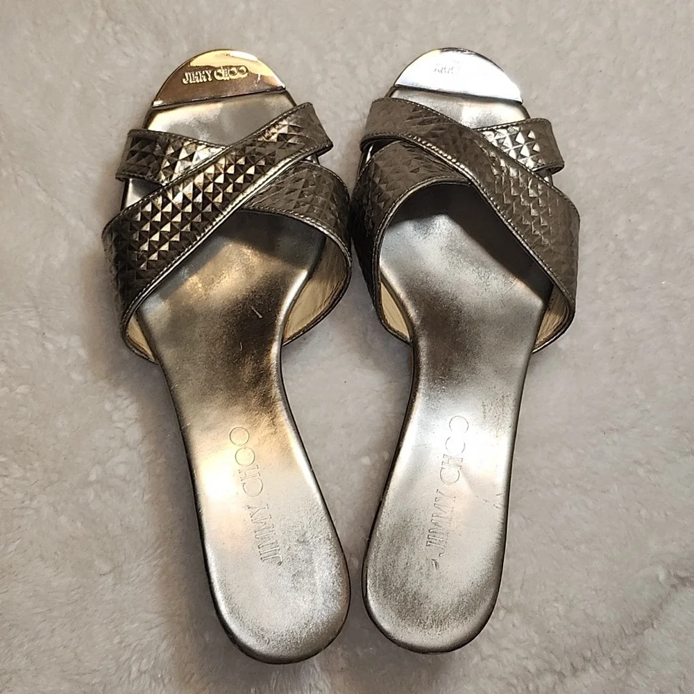 Jimmy Choo Silver Metallic Embossed Leather Panna Cork Slides Size 37.5